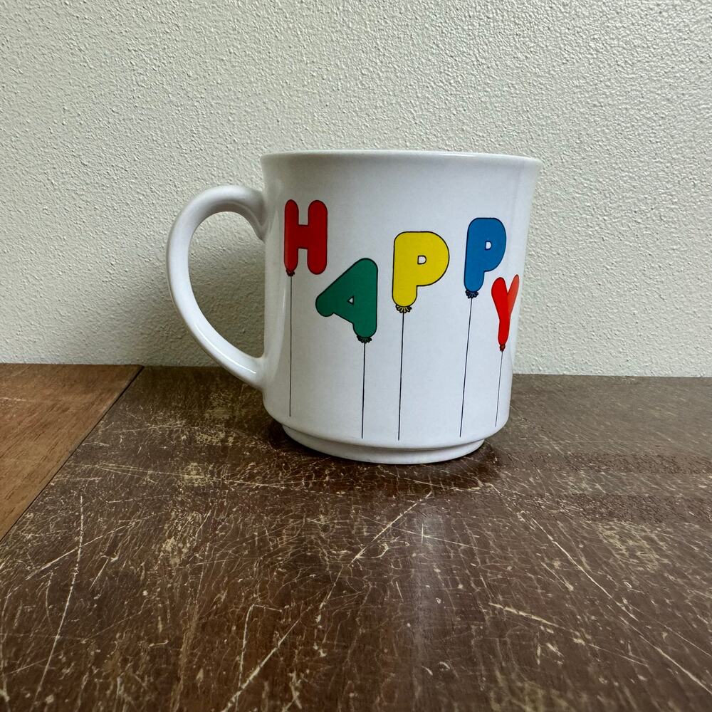 Happy Holidays Balloon Mug Vintage White Ceramic Festive Coffee Cup Gift